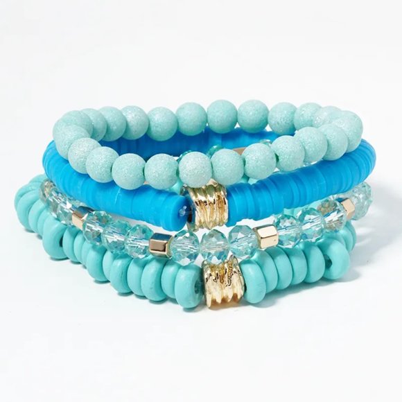 Bracelet 4 Stackable Stretch Beaded Clay Wood Glass Multi Gold Colored - Picture 4 of 8